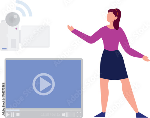 Girl playing video on projector screen