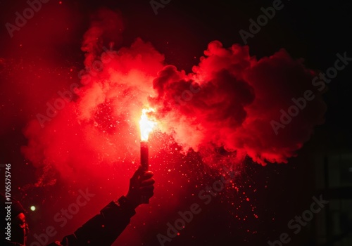 Hand holding a burning red flare with smoke and sparks.