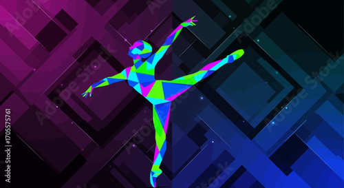 An elegant ballerina dances with grace and energy, her polygonal form a vibrant expression of movement and artistry against a modern geometric backdrop.