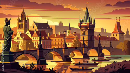 The medieval Charles Bridge in Prague, Czech Republic, stretches across the Vltava River, its Baroque statues glowing golden beneath vintage lamplight on a crisp autumn evening.