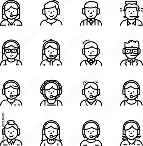 Cartoon Professional Faces Icon Grid — 4x4 Minimalist Line Set Featuring Diverse Characters with Headsets, Glasses, Hairstyles, and Uniforms for Business, Service, and Interface Design