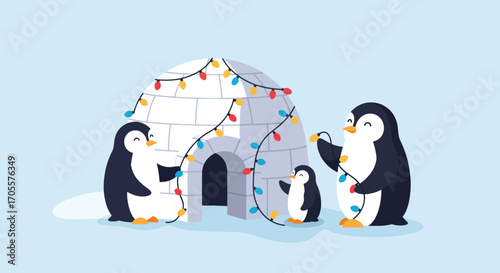 Cheerful Penguins Decorating Igloo with Colorful Christmas Lights, Festive Scene.