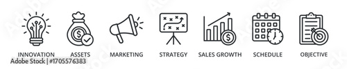 Business plan banner icon with innovation, assets, marketing, strategy, sales growth, schedule, objective