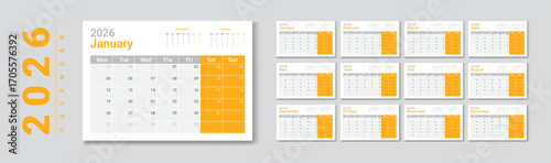 Complete 2026 desk Calendar Template with Simple and Modern Design in Orange. Monthly calendar layout for 2026 year.