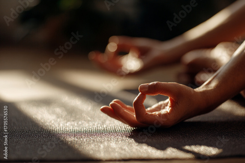 Wallpaper Mural Peaceful yoga scene with hands in Gyan mudra pose, lit by warm natural sunlight Torontodigital.ca