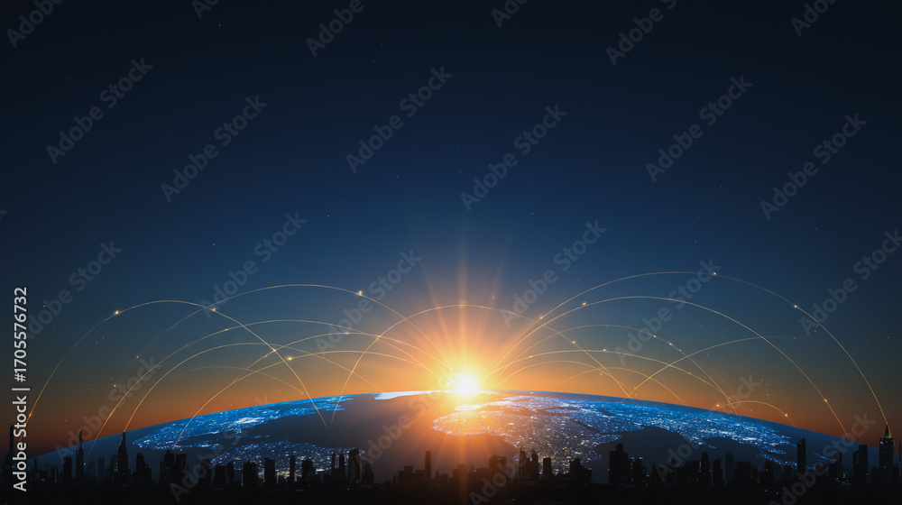 Naklejka premium Sunshinea city of modern business and smart digital innovation with a network of interconnected rewards over the cityscape of the future smart wireless digital city and social media network