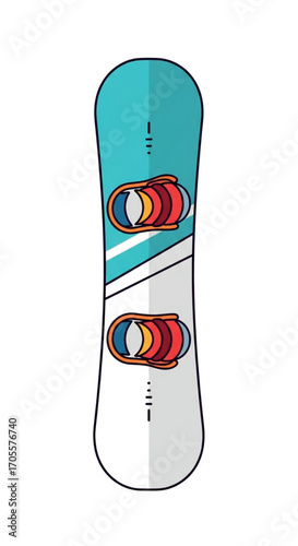 Snowboard with colorful bindings on white background.