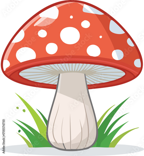 A cute, red and white toadstool mushroom (Amanita) in the grass. A simple cartoon vector illustration for fantasy, forest, and nature concepts. Generative AI
