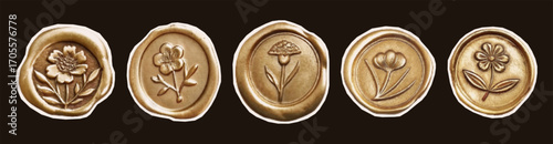 Vintage wax seal set with floral motifs and photocopy texture effect. Useful for invitation templates, decorative prints, retro packaging, and nostalgic creative work.