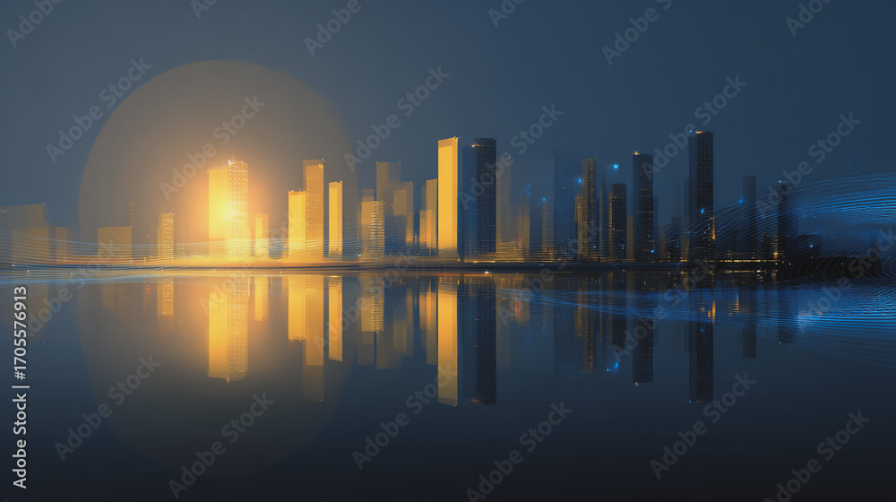Fototapeta premium Sunshinea city of modern business and smart digital innovation with a network of interconnected rewards over the cityscape of the future smart wireless digital city and social media network
