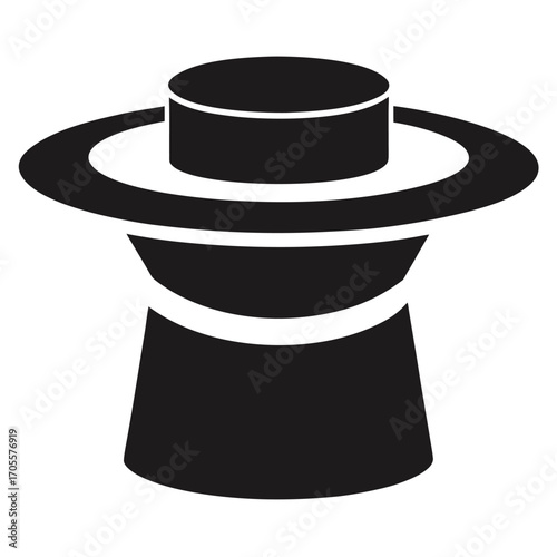 Black and white illustration of a simple top hat with a wide brim on a white background magician