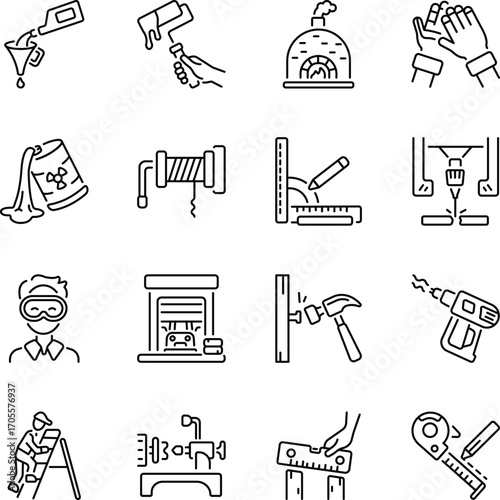 Pack of Workshop Equipment Line Style Icons 

