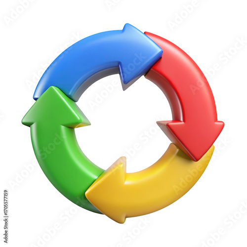 Four colorful arrows forming a continuous circular loop representing a process or cycle isolated on transparent background