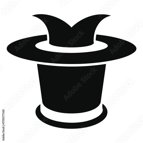 Black silhouette of a classic top hat with a flared brim and a decorative band white background
