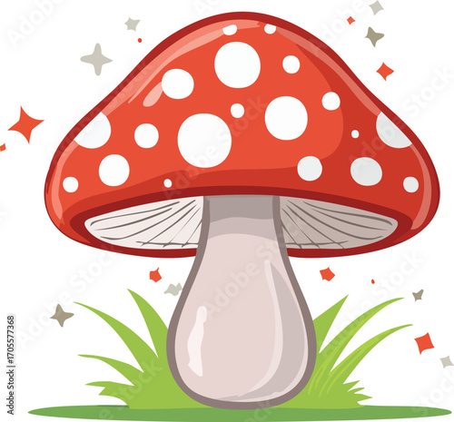 A whimsical cartoon illustration of a red toadstool mushroom with white spots. A magical, fairy tale-style element for forest and nature designs. Generative AI