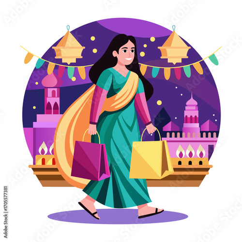 Flat style illustration denoting a character doing diwali shopping