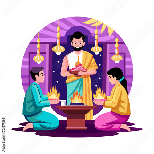 An illustration of puja ceremony designed in flat style