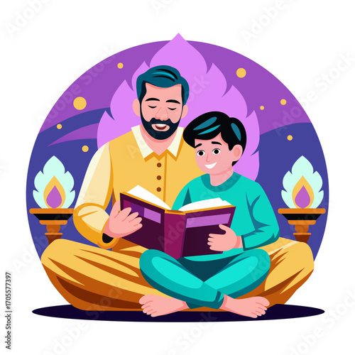 Flat style illustration depicting a character reading book