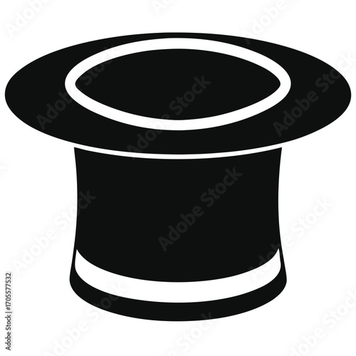 Black silhouette of a classic top hat with a wide brim and two white bands on the crown on a white background