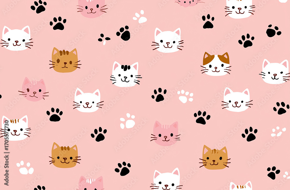 Fototapeta premium Seamless Pattern of Kawaii Kitten Faces and Paw Prints