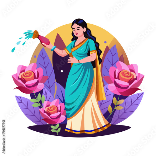Flat illustration showing a character spraying rose water