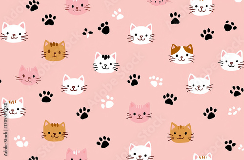 Seamless Pattern of Kawaii Kitten Faces and Paw Prints