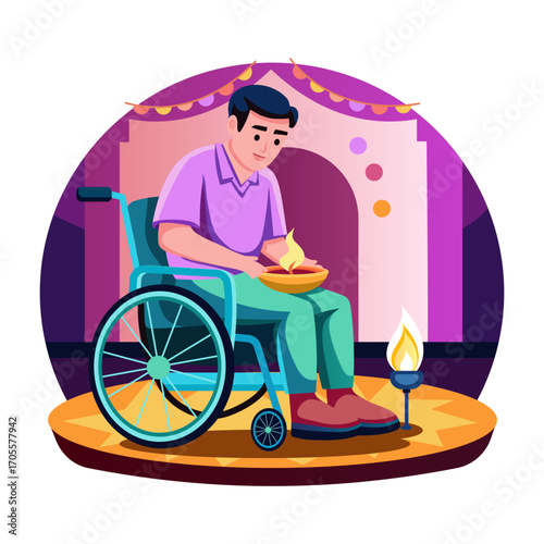 Flat style illustration denoting a character lighting oil lamp