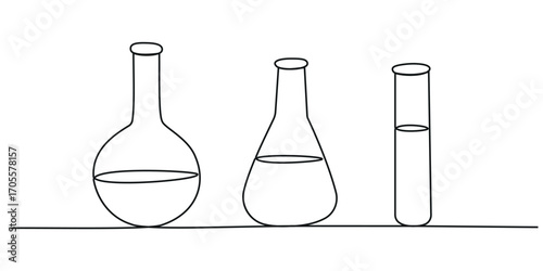 Continuous one line drawing chemical science flask. Scientific technology research medicine glass. Hand drawn Editable stroke. Vector illustration.