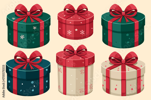 Christmas round gift boxes set with red bows and snowflake decorations, holiday presents collection, vector illustration