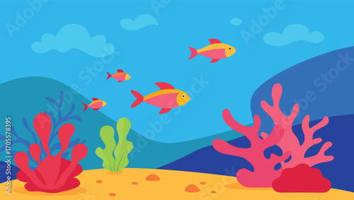 Vibrant underwater coral reef scene with colorful fish and aquatic life vector illustration