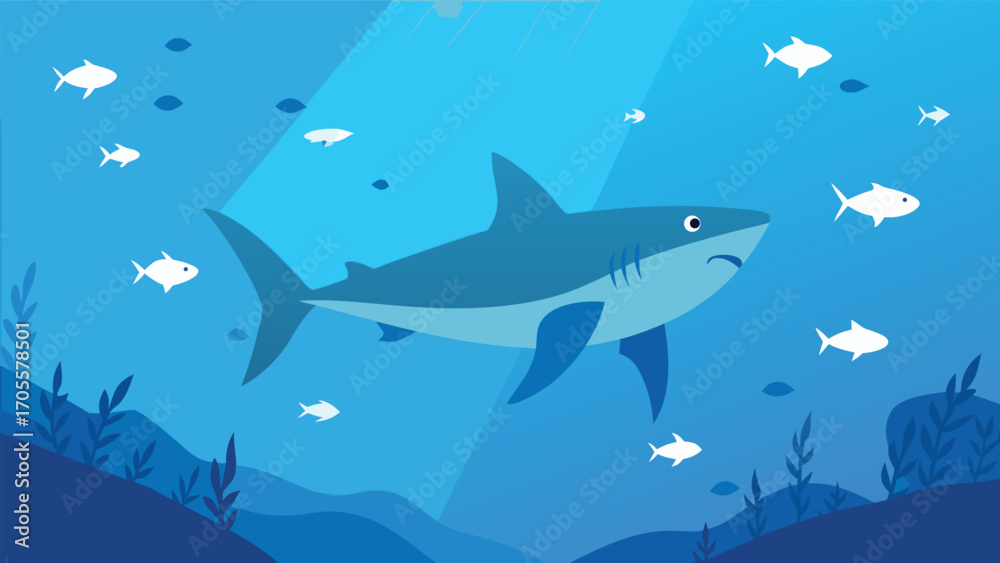 Obraz premium Majestic great white shark patrols underwater reef with small fish vector illustration