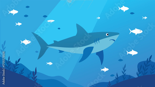 Majestic great white shark patrols underwater reef with small fish vector illustration