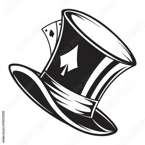 Stylized black and white illustration of a top hat with playing cards peeking out on a white background