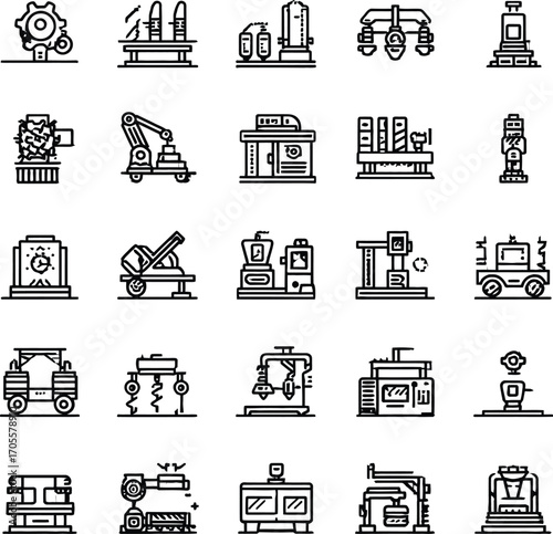 Industrial Robotics and Machinery Icon Grid — 5x5 Minimalist Line Set Featuring Factory Equipment, Robotic Arms, Control Panels, and Automation Tools for Engineering and Technological Design