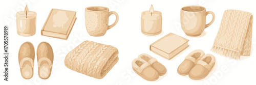 Set of cozy hygge home items for comfort and relaxation including a candle, book, mug, slippers, and knitted blanket