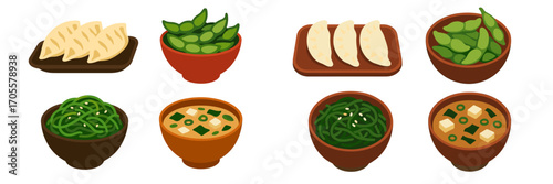 Delicious assortment of popular Japanese cuisine dishes featuring gyoza dumplings, edamame, seaweed salad, and miso soup