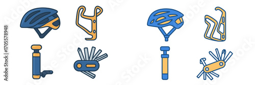 Cycling essentials including helmets, bottle cages, pumps, and multi-tools for bike maintenance and safety