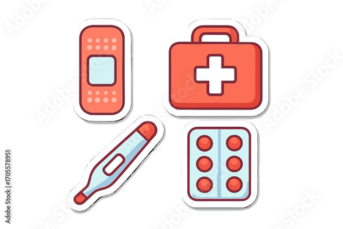 Essential medical supplies for first aid, health care, and emergency treatment including bandage, thermometer, and pills