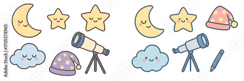 Cute Celestial Objects and Sleepwear Icons: Moon, Stars, Clouds, Telescopes