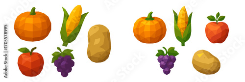 Low poly fruits and vegetables assortment: pumpkin, corn, apple, grapes, potato