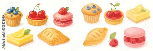 Sweet Pastries and Desserts with Fresh Berries and Lemon Slices