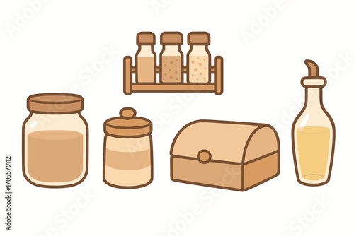 Assorted kitchen containers for food storage, including jars and boxes