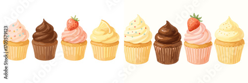 Colorful frosted cupcakes with sprinkles and fruit toppings assortment