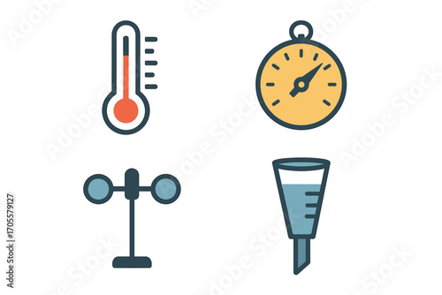 Collection of weather measurement instruments: thermometer, barometer, anemometer, funnel