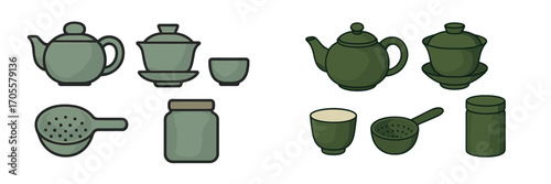 Green ceramic tea ceremony utensils: teapots, cups, strainers, and jars