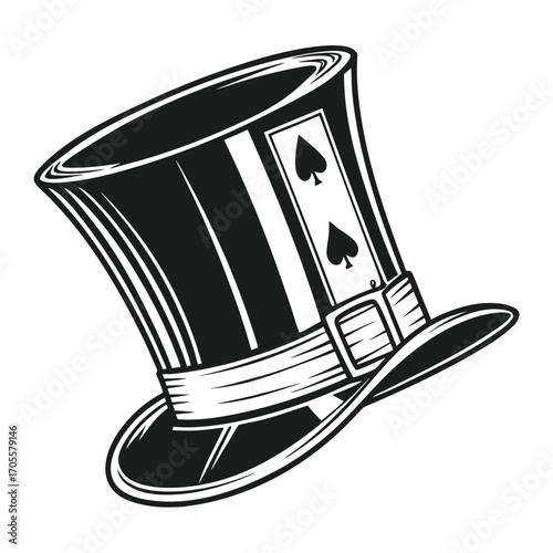 Top Hat with Two Spades Playing Cards Emerging from the Top on a White Background gambling casino