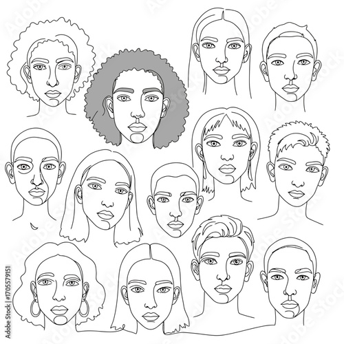 Minimalist vector illustration featuring abstract line art portraits of diverse men and women. The artwork emphasizes diversity, individuality, and modern artistic expression in a contemporary style