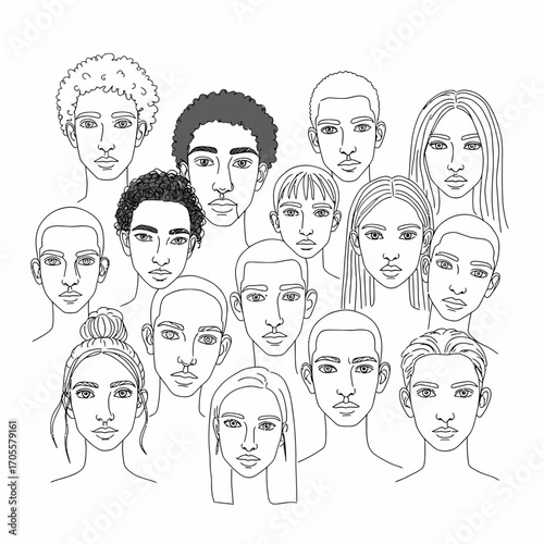 Minimalist vector illustration featuring abstract line art portraits of diverse men and women. The artwork emphasizes diversity, individuality, and modern artistic expression in a contemporary style