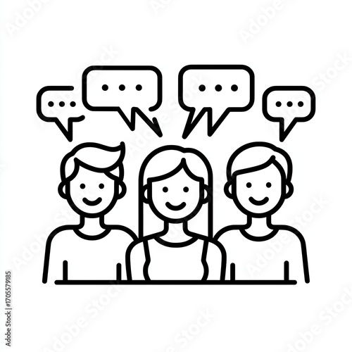 Three people with speech bubbles.  Simple line art illustration of a group of three smiling individuals with conversation bubbles above their heads