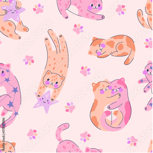 Seamless pattern with adorable sweet kittens